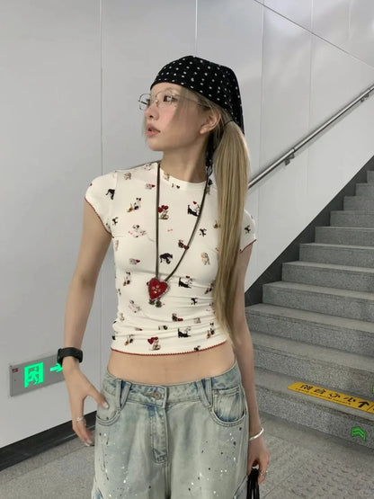 Cathy Dollette Harajuku Print T Shirt  Short Sleeve Cartoon  Vintage Crop Top 2000s Japanese Grunge TopTee