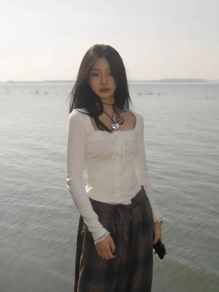 Cathy Dollette Hotsweet Square Collar 's  Long Sleeve Korean Fashion 2000s Clothes  Autumn TopTees Female Clothing