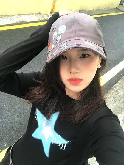 Cathy Dollette Harajuku Print Graphic Top Long Sleeve Black  Streetwear  Japanese Grunge TopAmerican Retro