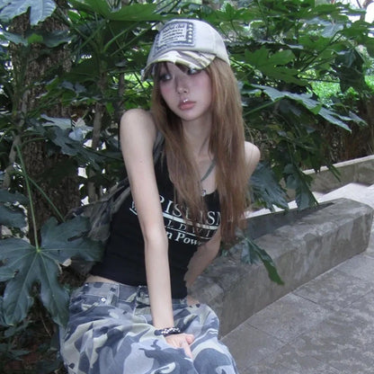 Cathy Dollette Grunge s Letter Print Tank Top Trashy 2000s Style Distressed Crop Top Japanese  Black Tanktop American Retro