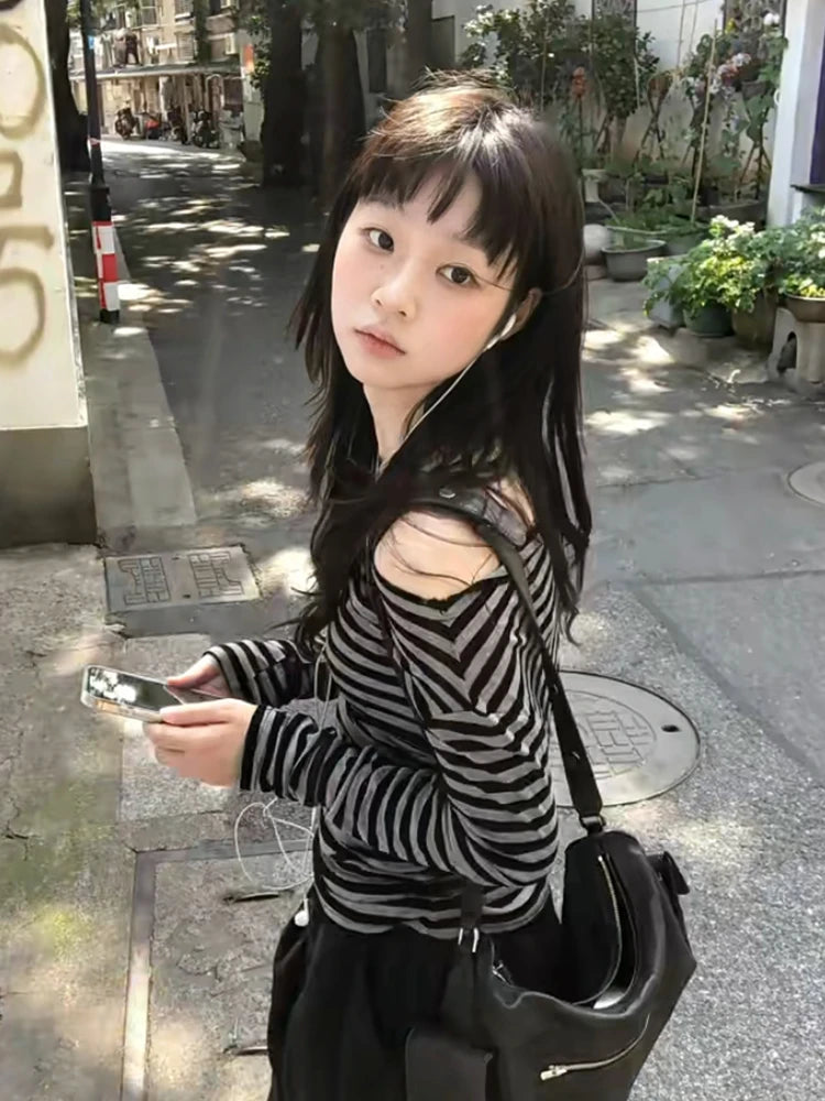 Cathy Dollette  2000s   Long Sleeve Striped Casual Tshirts Off Shoulder Korean Style Fairycore  Tee Tops