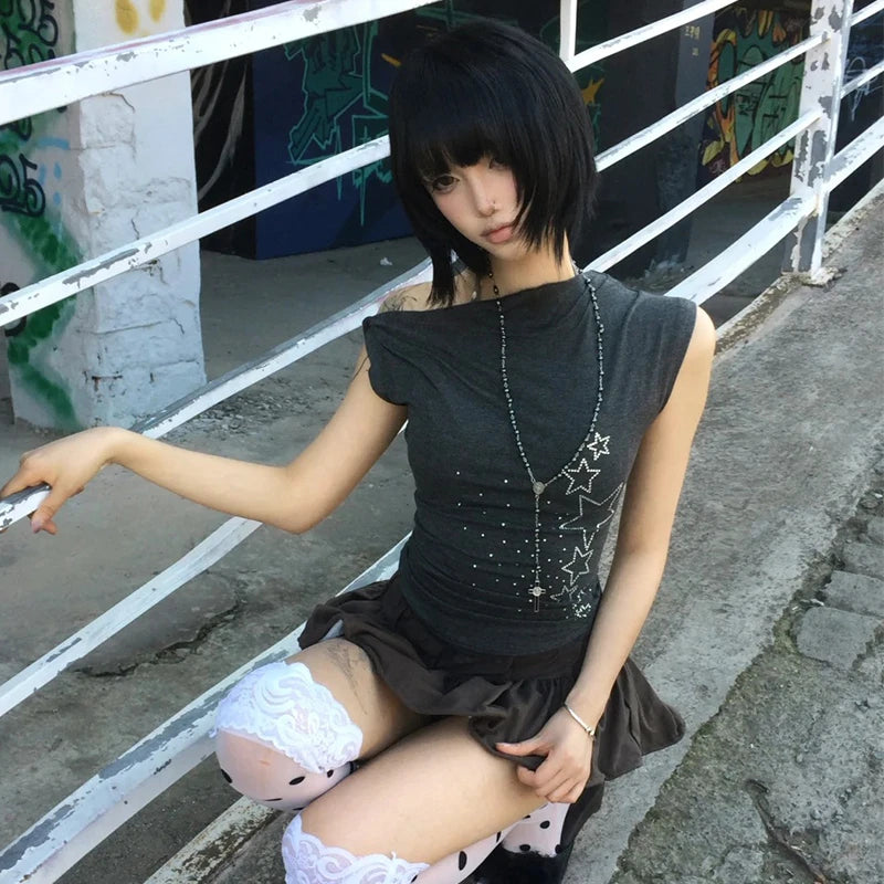 Cathy Dollette  Japanese   Irregular Crop TopOff Shoulder Diamonds Streetwear Grunge TopFairycore Tshirts
