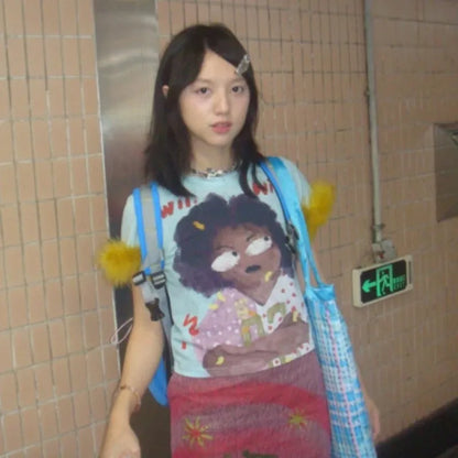 Cathy Dollette Japanese  Graffiti Print  Trashy 2000s Style Crop Top Vintage Harajuku Removable Fur Sleeve Tee Shirt American