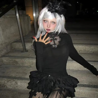 Cathy Dollette Gothic T Shirt  Hollow Out Turtleneck Y2 Vintage Crop Top Japanese 2000s Grunge Top Tshirt