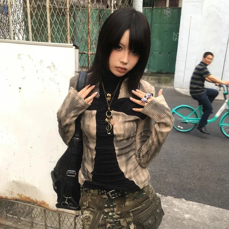Cathy Dollette Japanese  Ribbed TopVintage Harajuku Cross Print  Grunge s Long Sleeve Patchwork TopTrashy 2000s