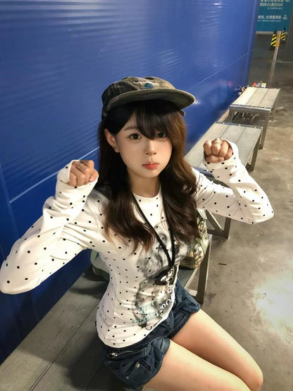 Cathy Dollette Harajuku Print Graphic TopLong Sleeve Slim  T Shirt  2000s Streetwear E-girls Tshirts American Retro