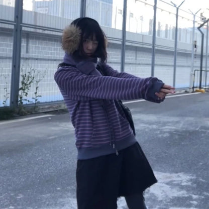 Cathy Dollette Japanese  Purple Striped Cardigan 2000s Style Turtleneck Knitted Jacket Vintage Harajuku Zipper Knitwear Korean 90s