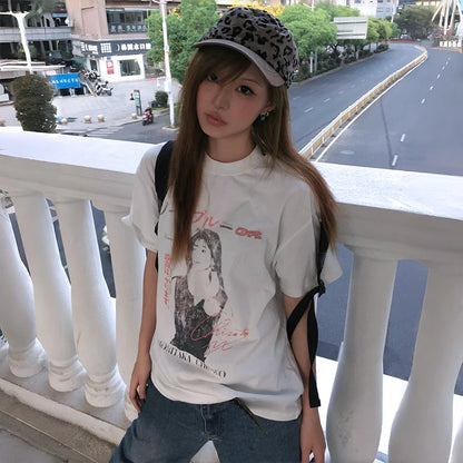 Cathy Dollette Japanese  Anime Print  Trashy 2000s Style Short Sleeve Tshirt Vintage Harajuku White Loose TopAmerican Retro