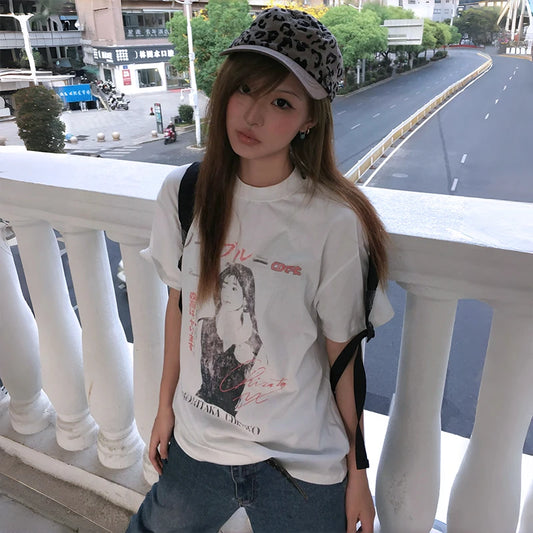 Cathy Dollette Japanese  Anime Print  Trashy 2000s Style Short Sleeve Tshirt Vintage Harajuku White Loose TopAmerican Retro
