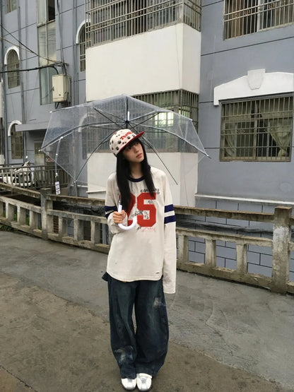 Cathy Dollette Japanese    Long Sleeve Print Letter Gaphic Top Grunge TopAmerican Retro Tshirts