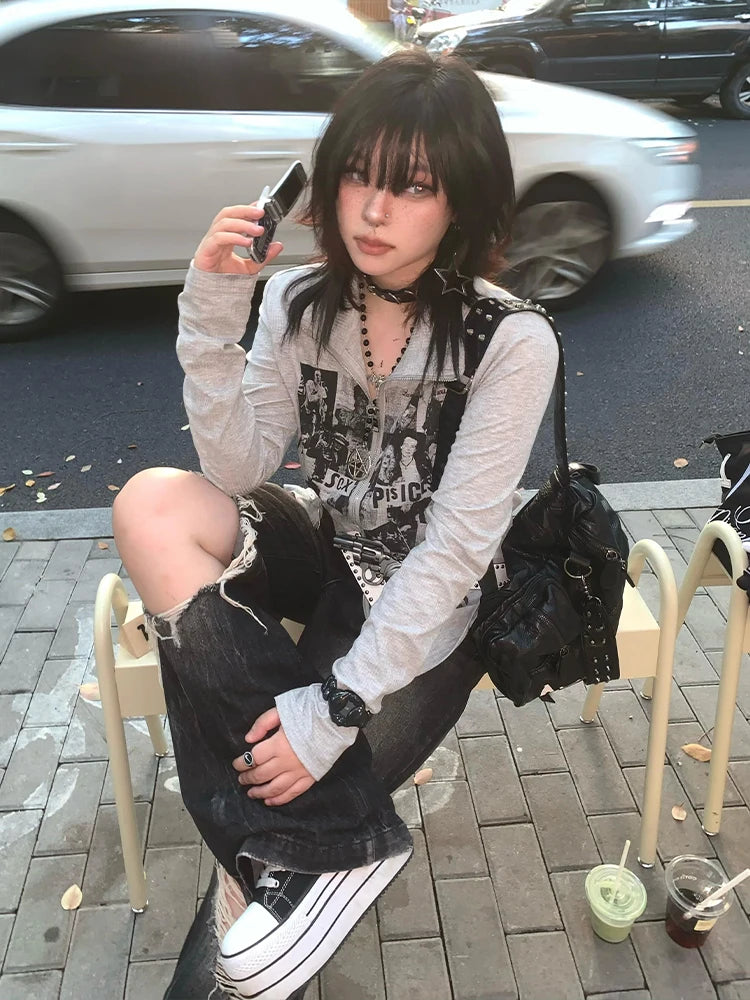 Cathy Dollette Gothic Gray T Shirt  Clothes Long Sleeve Korean Fashion Graphic T Shirts 2000s Clothes  Autumn TopGoth Tshirt