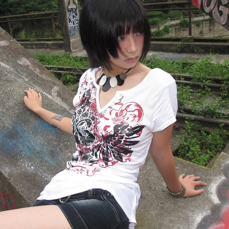 Cathy Dollette Japanese  Tattoo Print  Vintage Harajuku V-neck TopTrashy 2000s Style Short Sleeve Tee Shirt Grunge American