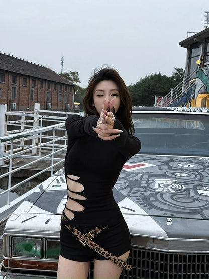 Cathy Dollette Sexy Hollow Out T Shirt  Long Sleeve Slim 2000s Clothes  Autumn TopBlack Tees Female Clothing Skinny