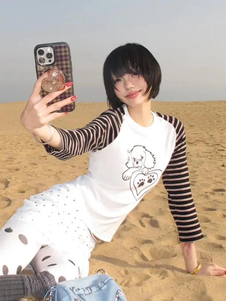 Cathy Dollette  Japanese   Three Quarter Print Graphic Top Vintage Tee TopPatchwork Striped T Shirt