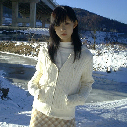 Cathy Dollette Japanese  White Hooded Cardigan 2000s Style Embroidered Knitted Jacket Vintage Harajuku Zipper Knitwear American 90s