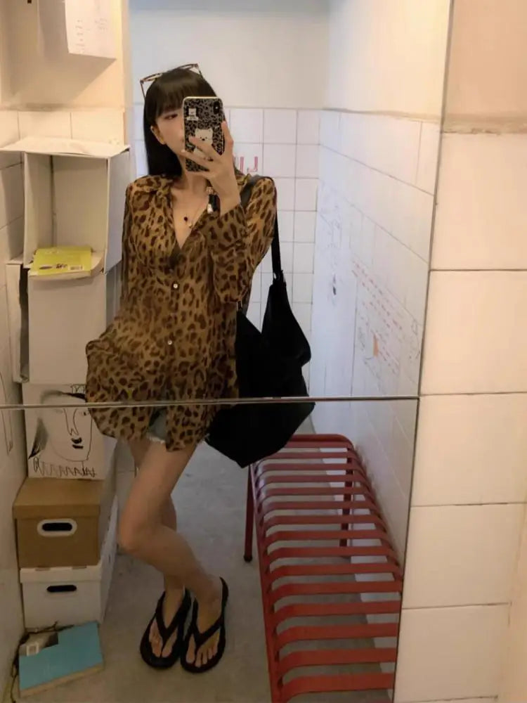 Cathy Dollette Hotsweet Leopard Chiffon Shirt  Button Up Single Breasted Long Sleeve Autumn Top2000s  Shirts And Blouses Chic