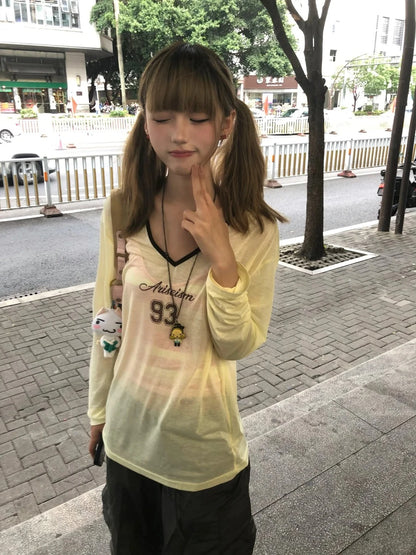 Cathy Dollette Korean Style Print   Long Sleeve Loose Casual TopSee Through  Japanese Tshirts 2000s Streetwear Tops