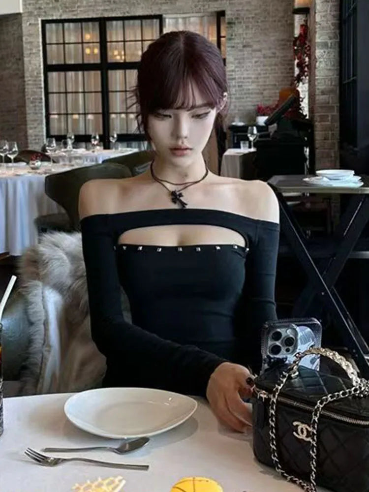 Cathy Dollette Rivet Hollow Out 's  Long Sleeve Black 2000s Clothes  Slim Autumn TopOff Shoulder Tees Female Clothing