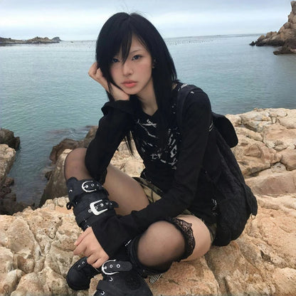 Cathy Dollette Japanese  Tattoo Print  Grunge Gothic Long Sleeve Irregular Top Black Vintage Harajuku Streetwear Trashy 2000s
