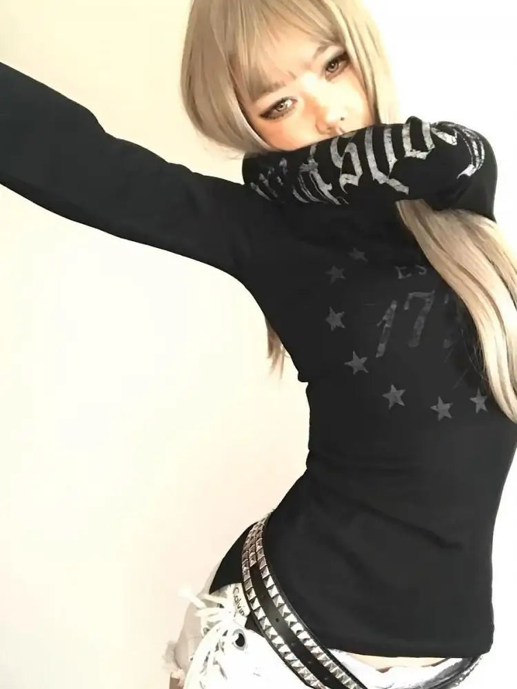 Cathy Dollette Black Graphic T Shirts Woman Clothes Long Sleeve Korean Fashion 2000s Clothes  Tees Female Clothing Sping TopGoth