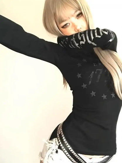 Cathy Dollette Black Graphic T Shirts Woman Clothes Long Sleeve Korean Fashion 2000s Clothes  Tees Female Clothing Sping TopGoth