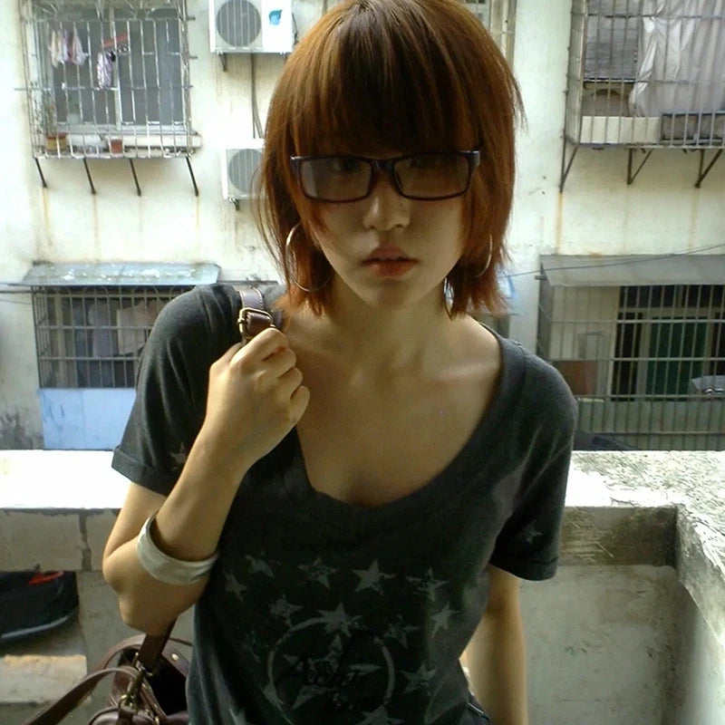 Cathy Dollette Japanese  Letter Print  Trashy 2000s Style V-neck T Shirt Vintage Harajuku Short Sleeve Tee Shirt Grunge 90s