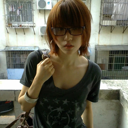 Cathy Dollette Japanese  Letter Print  Trashy 2000s Style V-neck T Shirt Vintage Harajuku Short Sleeve Tee Shirt Grunge 90s