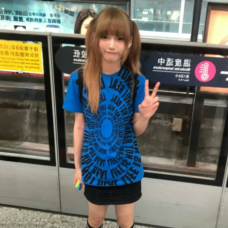 Cathy Dollette Japanese  Letter Print  Trashy 2000s Style Loose Tshirt Vintage Harajuku Short Sleeve Tee Shirt American Retro