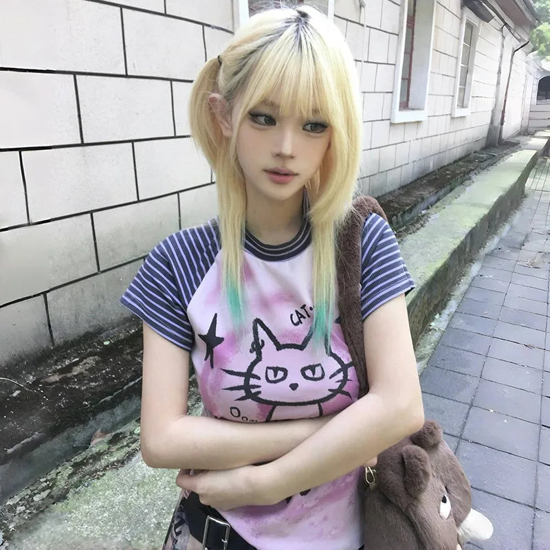 Cathy Dollette Japanese  T Shirt Trashy 2000s Kitten Print s Grunge s Short Sleeve Patchwork TopVintage Harajuku