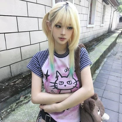 Cathy Dollette Japanese  T Shirt Trashy 2000s Kitten Print s Grunge s Short Sleeve Patchwork TopVintage Harajuku