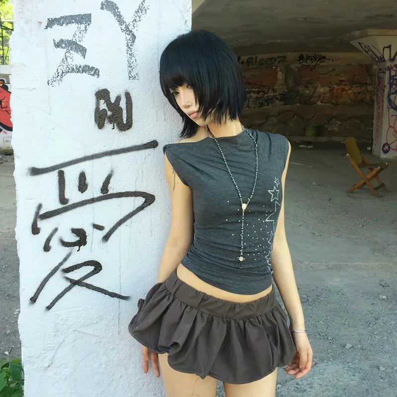 Cathy Dollette  Japanese   Irregular Crop TopOff Shoulder Diamonds Streetwear Grunge TopFairycore Tshirts
