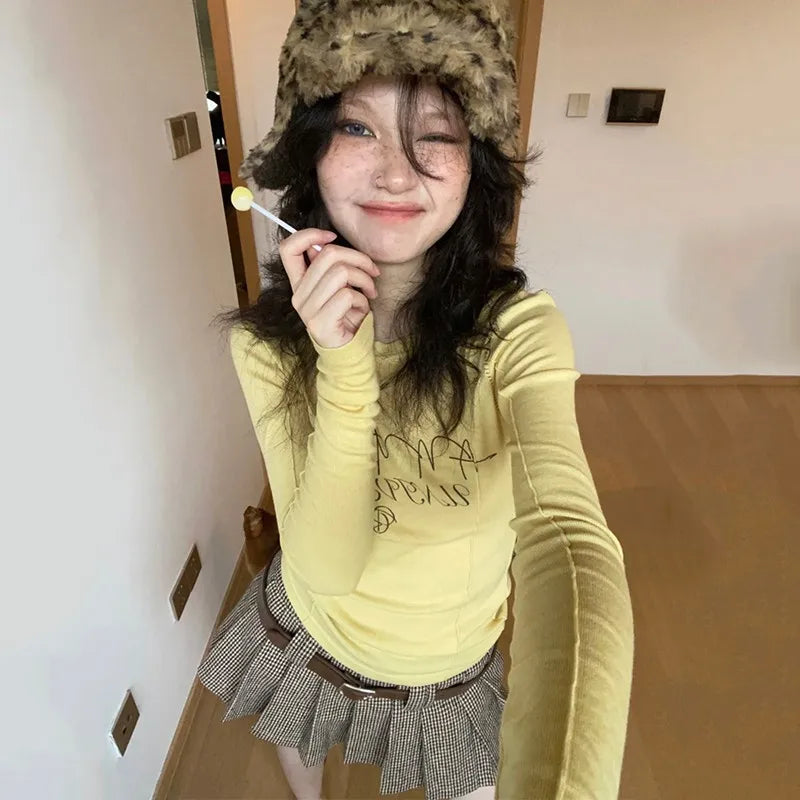 Cathy Dollette  s Yellow  2000s Japanese Harajuku Tee Shirt Grunge Letter Print Long Sleeve Tshirt E-girl Streetwear