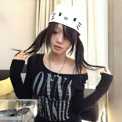 Cathy Dollette Grunge s Letter Print Crop Top Trashy  Style Long Sleeve  Gothic Black Irregular TopVintage Punk