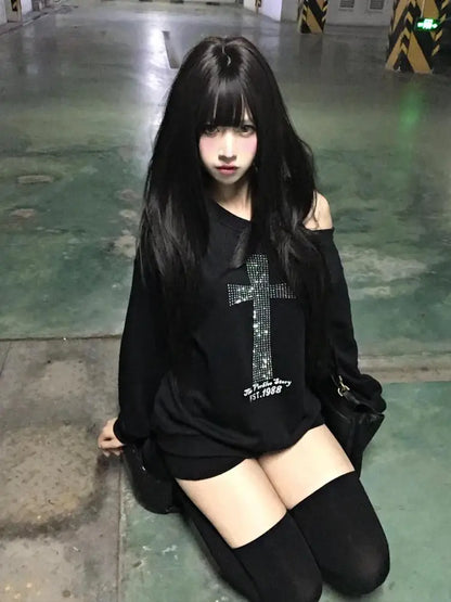 Cathy Dollette Cross One-shoulder Graphic Hoodies Long Sleeve Black 's Sweatshirts Harajuku Grunge 2000s Clothes  Autumn Tops