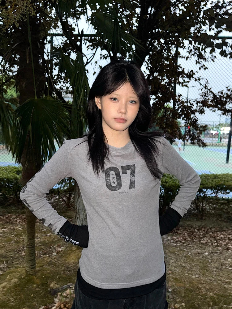 Cathy Dollette  Vintage   Long Sleeve Patchwork Print Letter Graphic Top 2000s Grunge TopE-girls Tshirts