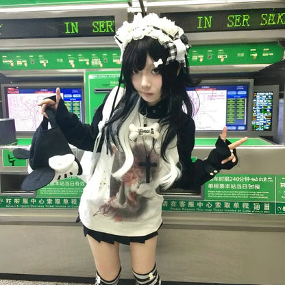 Cathy Dollette Japanese  Punk Print  Grunge s Long Sleeve Patchwork TopTrashy 2000s Streetwear Vintage Harajuku
