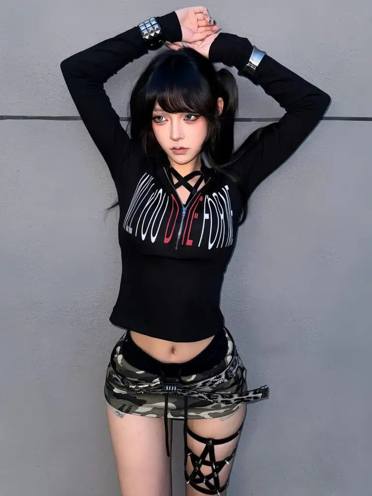 Cathy Dollette Black Hooded Gothic T Shirt  Clothes Long Sleeve Autumn Top2000s Clothes  Graphic T Shirts Tees Female Chic