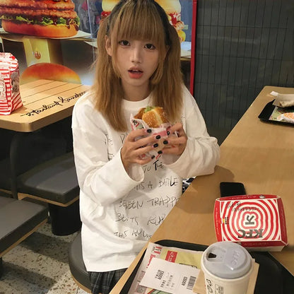 Cathy Dollette Japanese  Letter Print  Trashy 2000s Style Long Sleeve Tee Shirt Vintage Harajuku White Top American Retro 90s