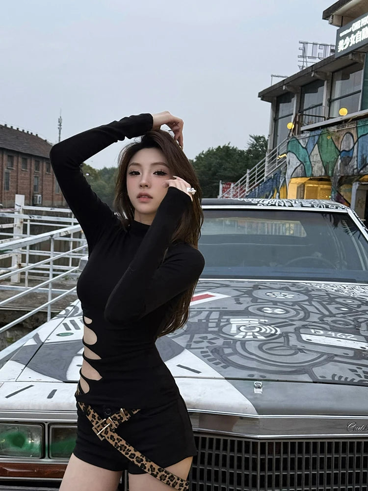 Cathy Dollette Sexy Hollow Out T Shirt  Long Sleeve Slim 2000s Clothes  Autumn TopBlack Tees Female Clothing Skinny