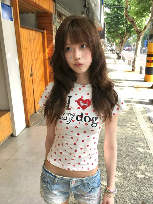 Cathy Dollette  Japanese Print T Shirt  Short Sleeve Slim 2000s  Graphic TopKorean Style Vintage Tshirts Summer