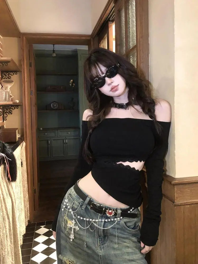 Cathy Dollette Backless Graphic T Shirts 2000s Japanese  Long Sleeve Skinny Off Shoulder Crop TopGothic Print Gaphic TopTee