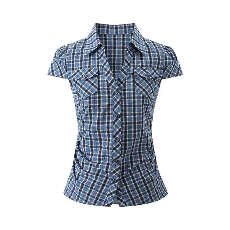 Cathy Dollette Hotsweet Blue Plaid Turn-down Collar 's Shirt Button Up 2025 Summer Short Sleeve Blouse Vintage Korean