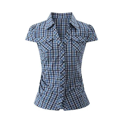 Cathy Dollette Hotsweet Blue Plaid Turn-down Collar 's Shirt Button Up 2025 Summer Short Sleeve Blouse Vintage Korean