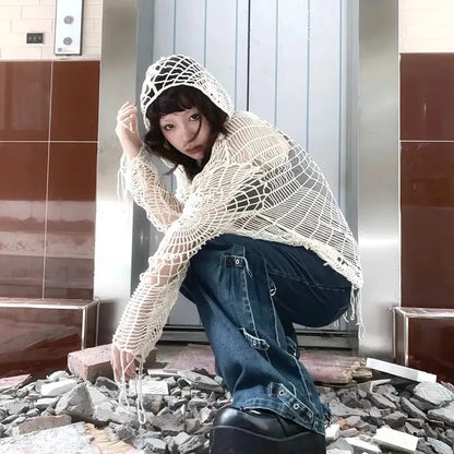 Cathy Dollette Japanese  Hollow Out Knitted Top Trashy 2000s Style Spider Web Pullover Vintage Harajuku Hole Hooded Knitwear Grunge