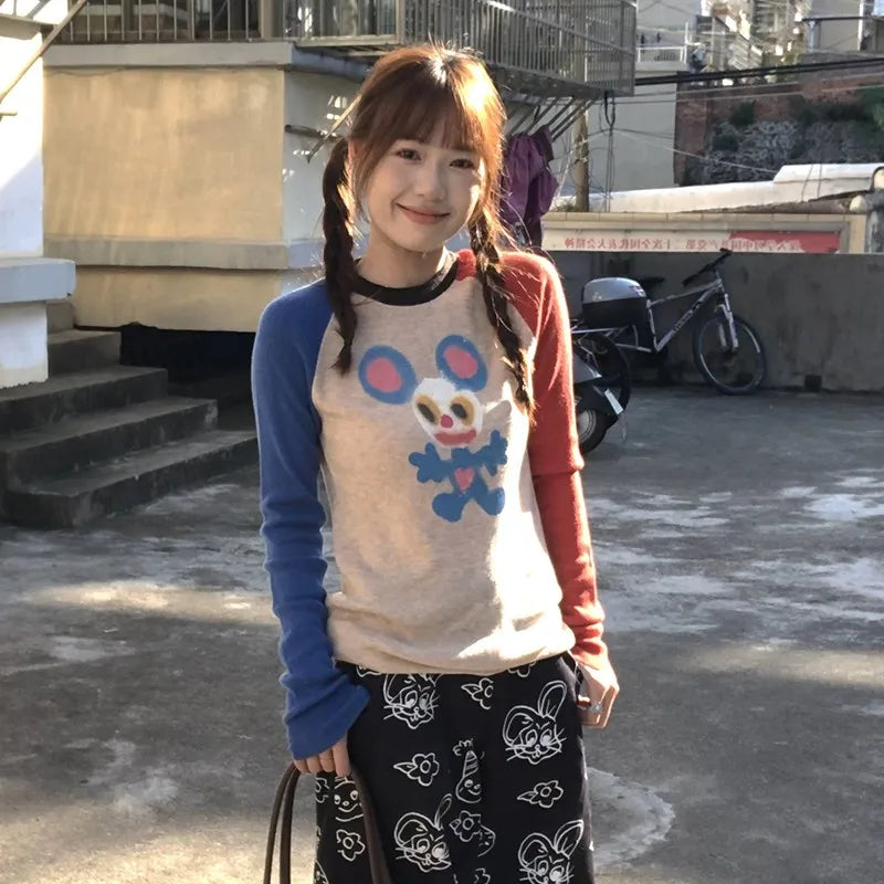 Cathy Dollette Japanese  Knitted TopVintage Harajuku Graffiti Print Long Sleeve  2000s s Ribbed Patchwork Top90s