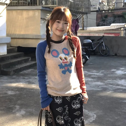 Cathy Dollette Japanese  Knitted TopVintage Harajuku Graffiti Print Long Sleeve  2000s s Ribbed Patchwork Top90s