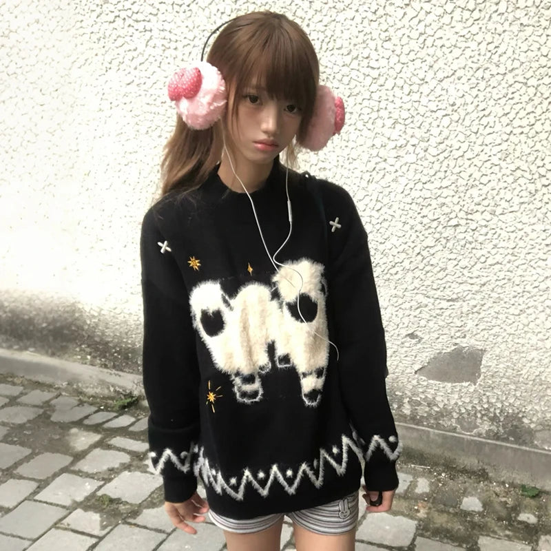 Cathy Dollette Japanese  Lambs Jacquard Sweater Vintage Harajuku Black Knitted Pullover Korean 2000s Style Knitwear American Retro
