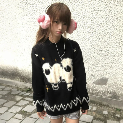 Cathy Dollette Japanese  Lambs Jacquard Sweater Vintage Harajuku Black Knitted Pullover Korean 2000s Style Knitwear American Retro