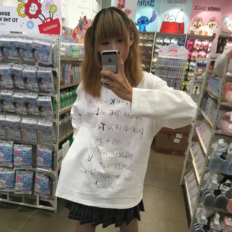 Cathy Dollette Japanese  Letter Print  Trashy 2000s Style Long Sleeve Tee Shirt Vintage Harajuku White Top American Retro 90s