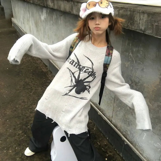 Cathy Dollette Japanese  Ripped Sweater Vintage Gothic Spider Print Knitted Pullover Trashy 2000s Style Distressed Jumper Grunge 90s